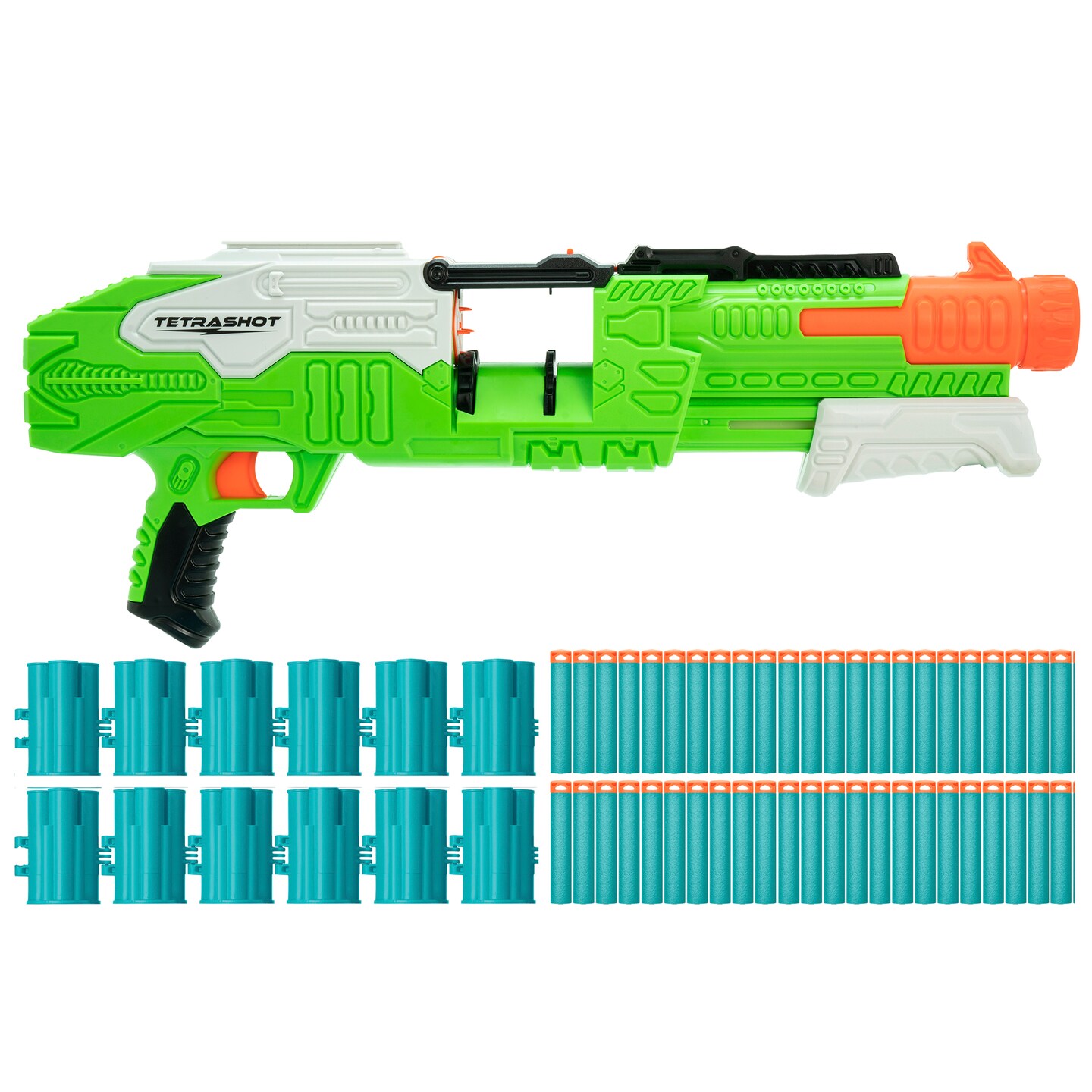 Tetrashot Green &#x26; White Dart Blaster W/ 98 Accu-Blast Darts &#x26; Dart Belt, Ages 6+