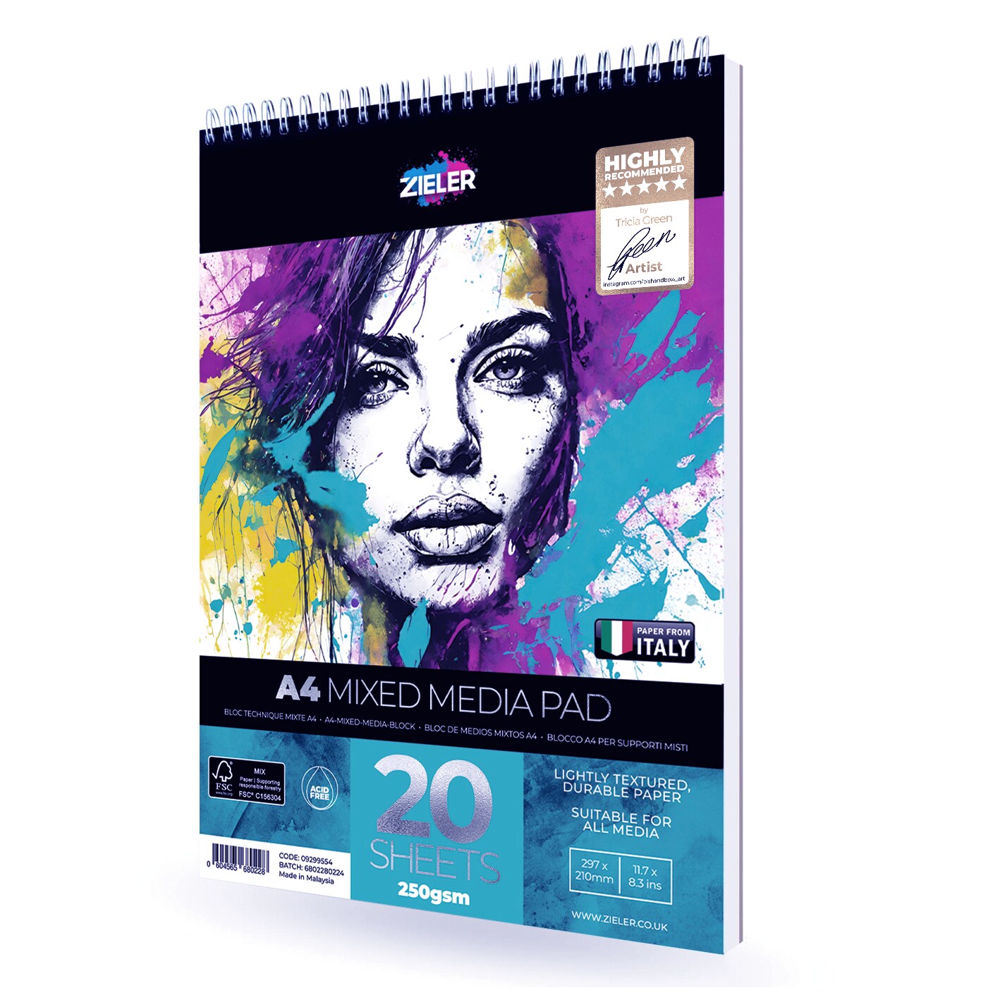 Zieler A4 Spiral Bound Mixed Media Paper Pad &#x2013; 250gsm, 20 sheets