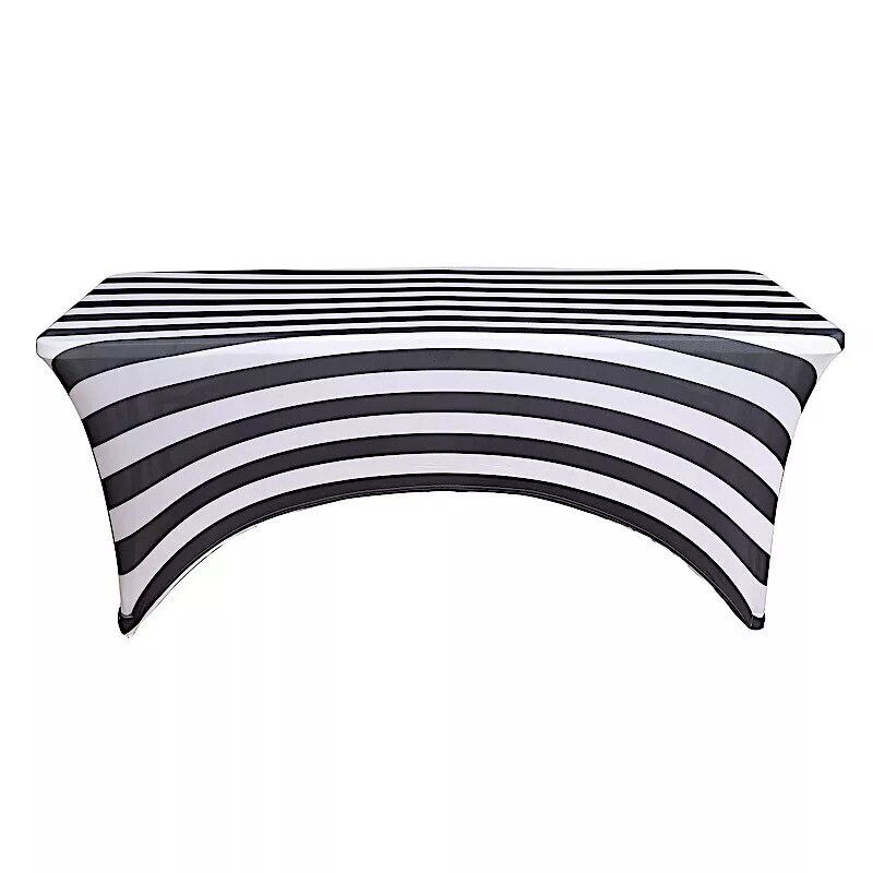 8 ft Black White Fitted Premium Spandex Tablecloth Striped Table Cover Party