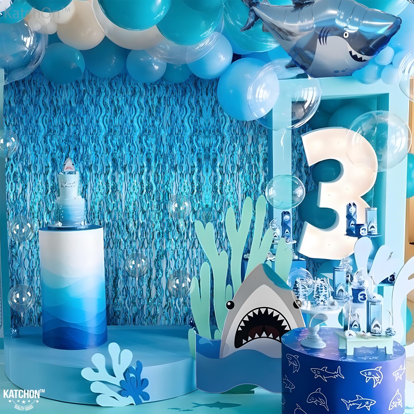 KatchOn, XtraLarge, Wavy Blue Foil Fringe Curtain - 3.2x6.5 Feet, Pack of 2 | Blue Water Beach Backdrop for Beach Party Decorations | Under The Sea Party Decorations | Summer Pool Party Decorations