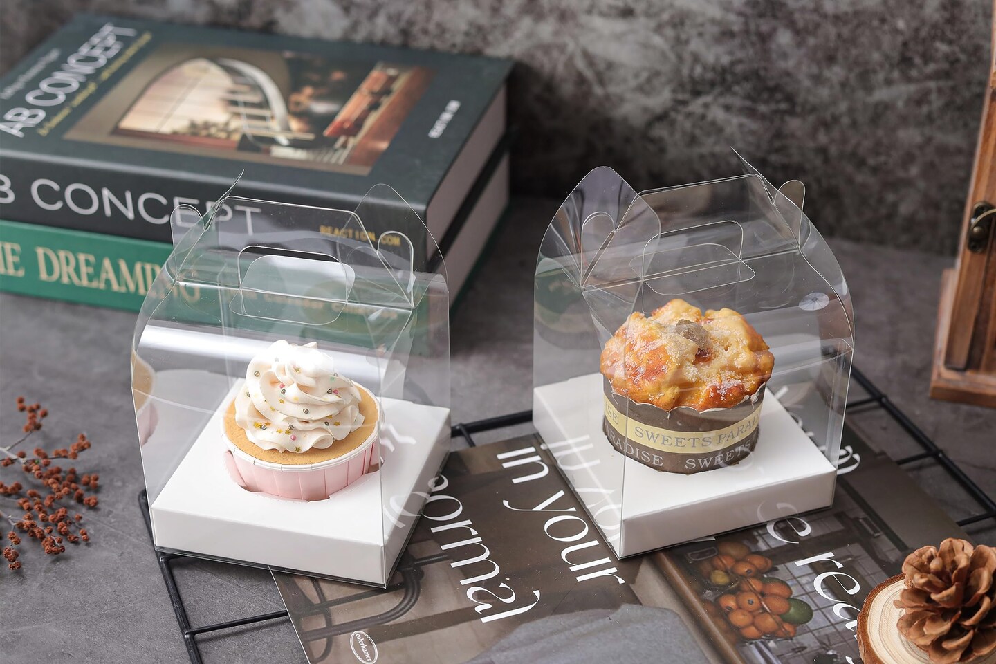 LOKQING 30 PCS Individual Cupcake Containers Single Cupcake Boxes with Handle and Inserts Clear Plastic Favor Boxes