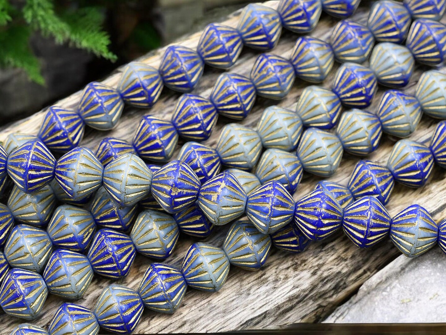 *12* 8x9mm Gold Washed Blended Turquoise &#x26; Blue Carved Bicone Beads