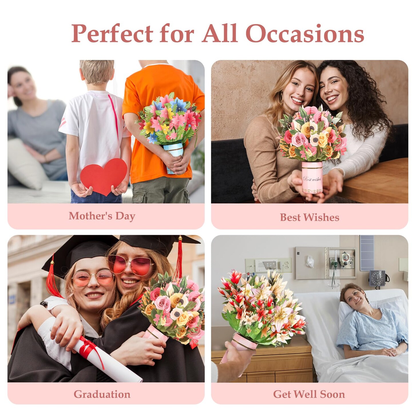 3 Pack Paper Flower Pop Up Cards,Forever Bouquet 3D Popup Paper Greeting Cards with Note Cards and Envelopes for all occasion,Mother's Day Gift,Birthday,Valentine,Christmas(Cherry Blossoms+Lily+Rose)