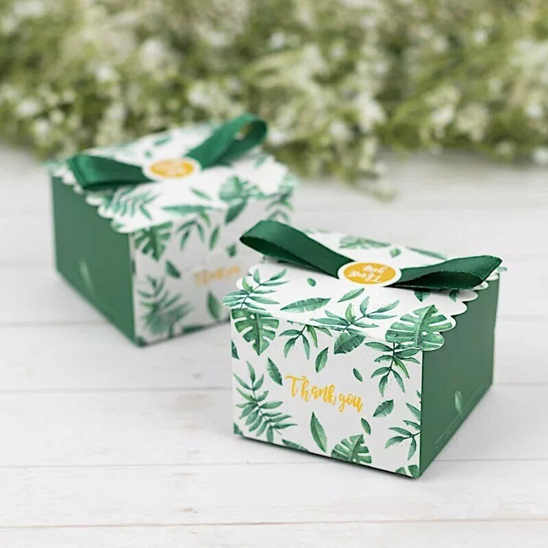 25 Green Monstera Leaf Print Favor Gift Boxes Satin Ribbon Bow Party Decorations