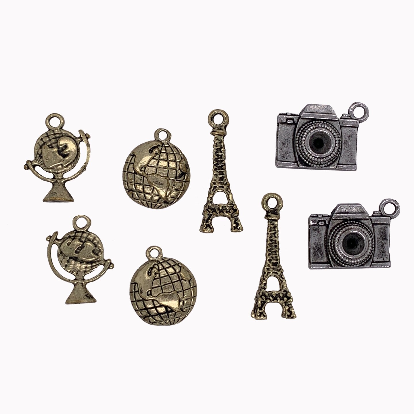 Globe, Atlas, Eiffel Tower and Camera Travel Charms 8pc Set