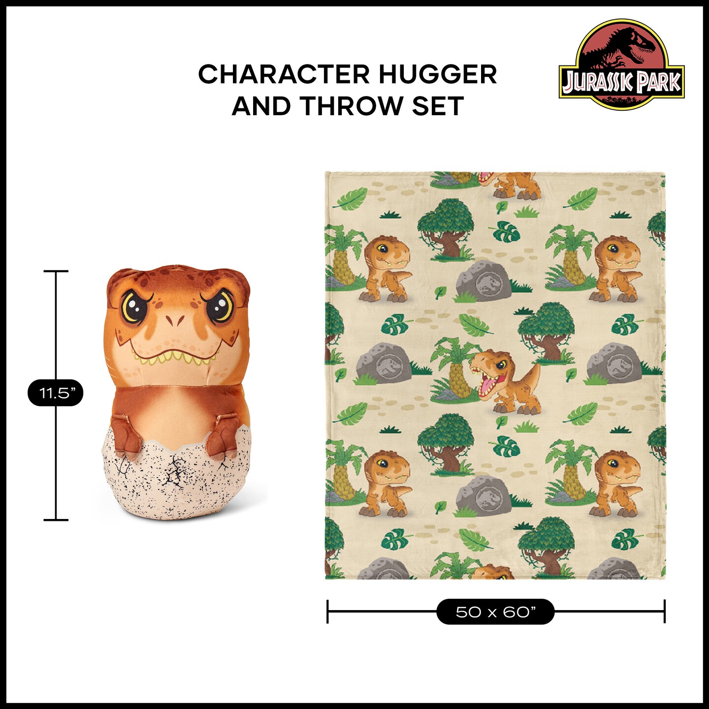Universal Studios Jurassic Park Wild Time Silk Touch Throw Blanket 40X50 inches and Hugger Set, 11 inches