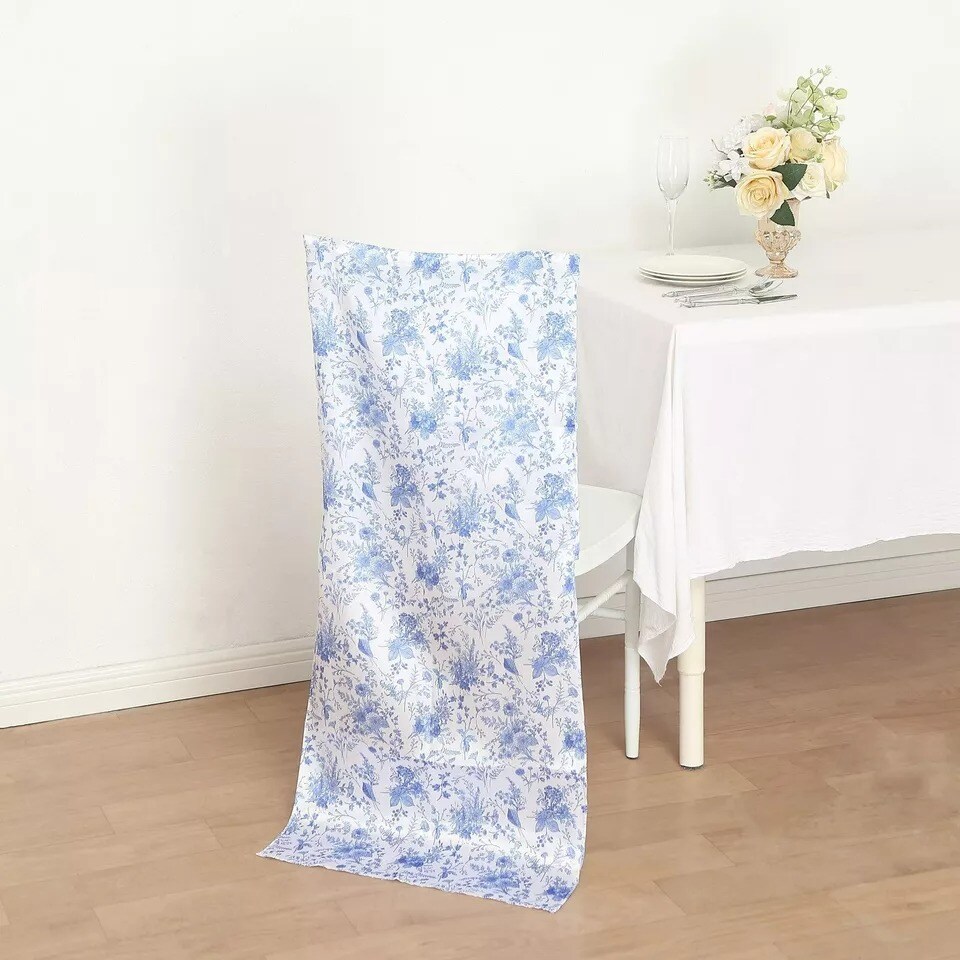 White Blue Floral Print Satin Chiavari Chair Back Slipcover Party Decorations