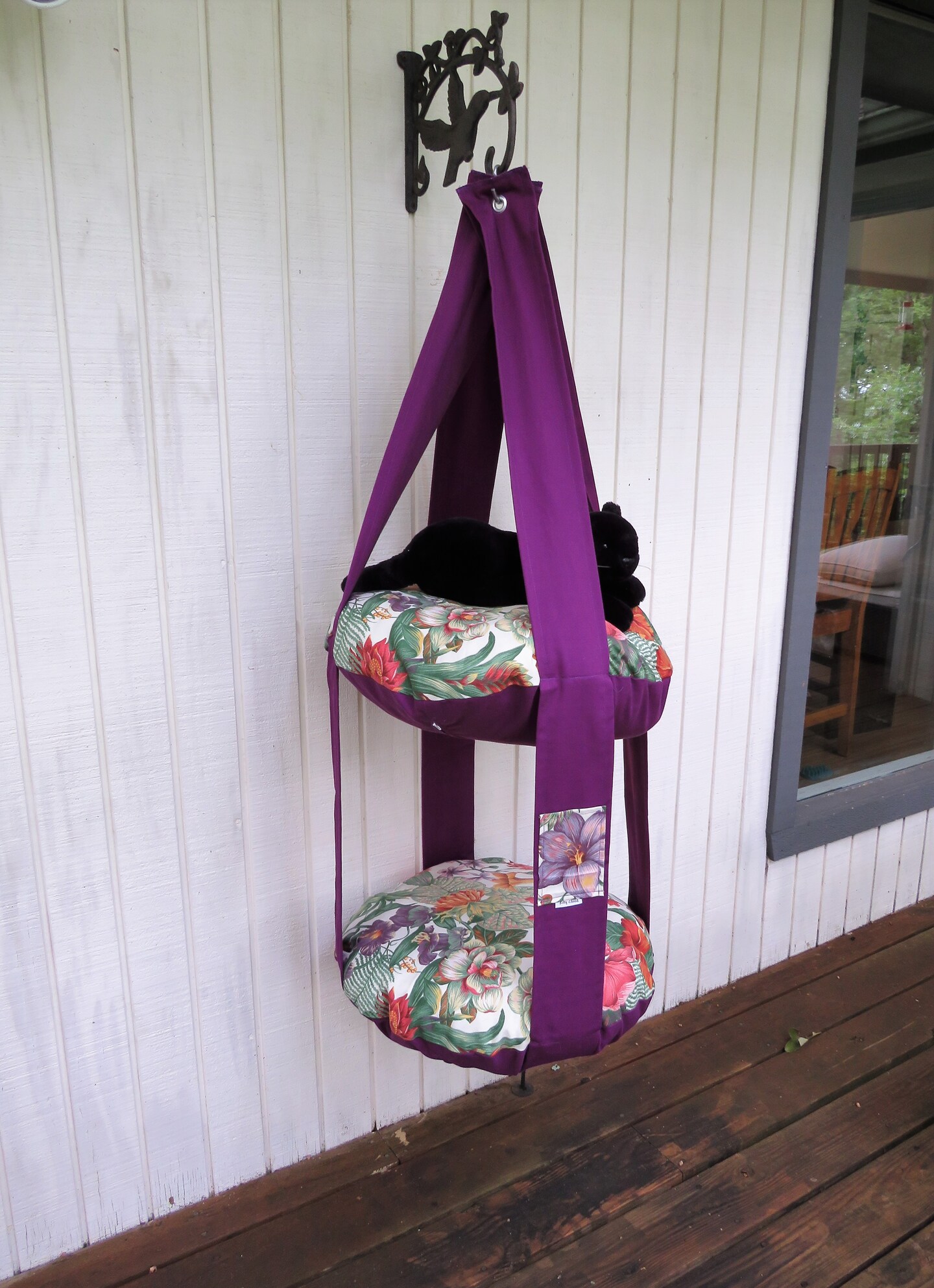 product name is Cat Bed, Orchid Purple Colorful Floral Print Double Kitty Cloud