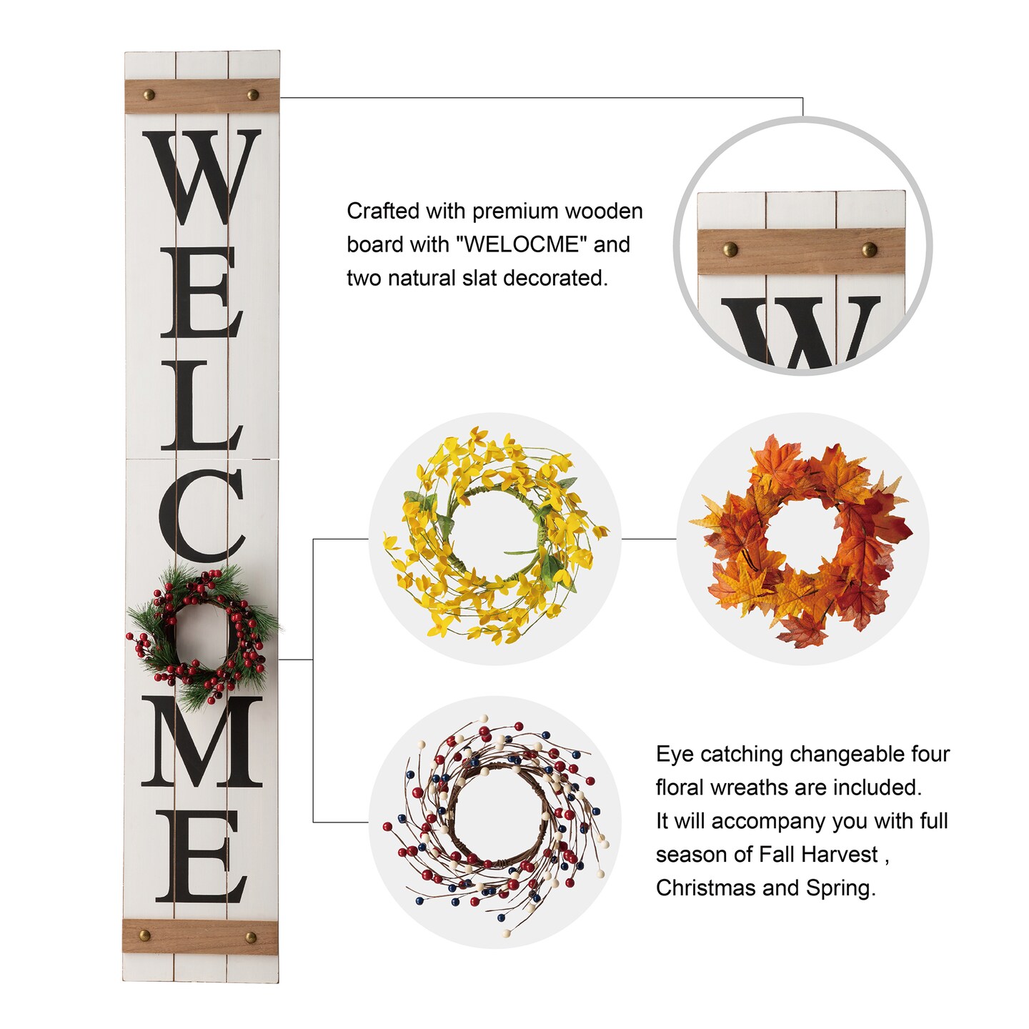 60&#x22;H Wooden Fall Christmas Welcome Porch Sign with 4 Floral Wreaths