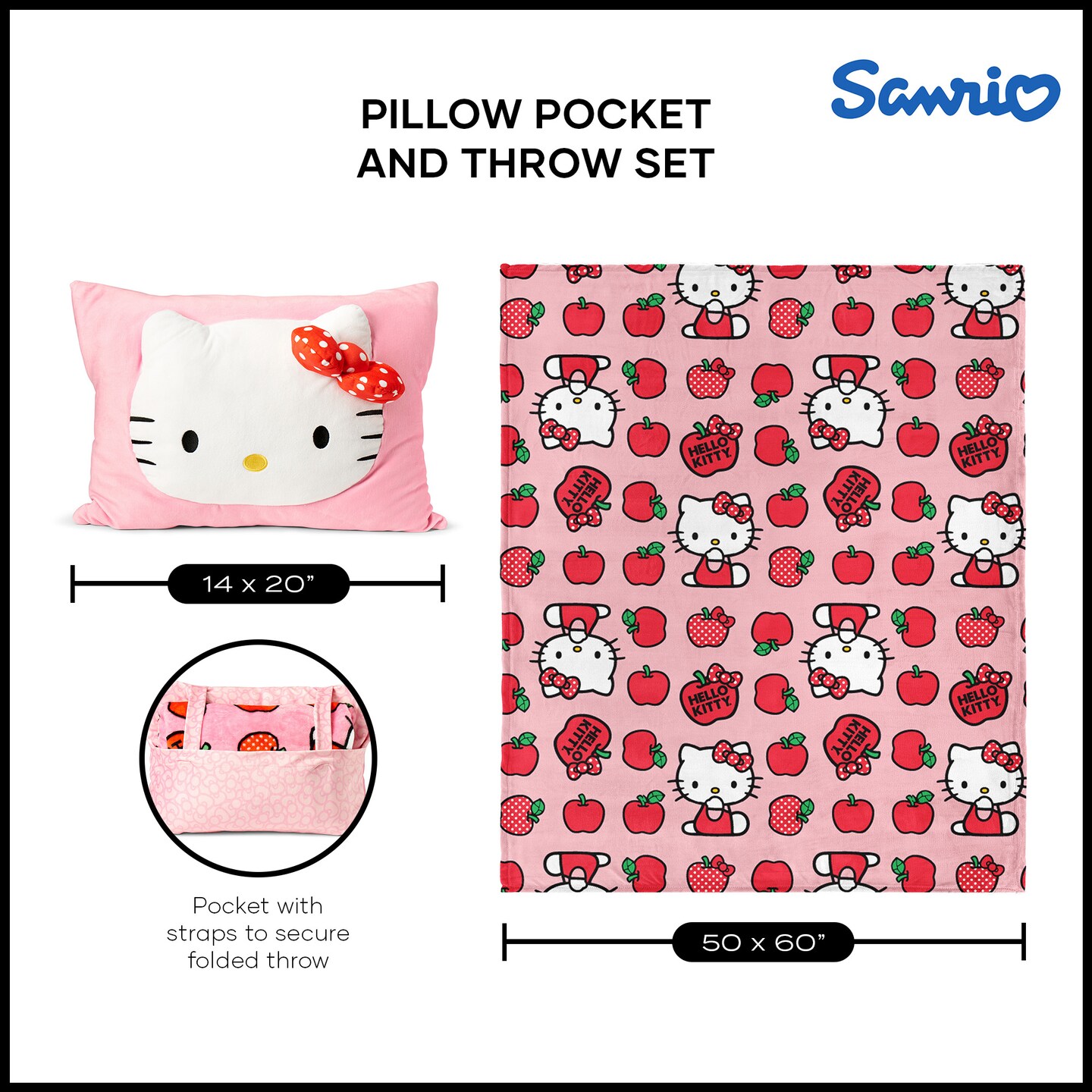 Sanrio Hello Kitty Forever Sweet Silk Touch Throw Blanket 50X60 inches with Plush Pocket Pillow 14X20 inches