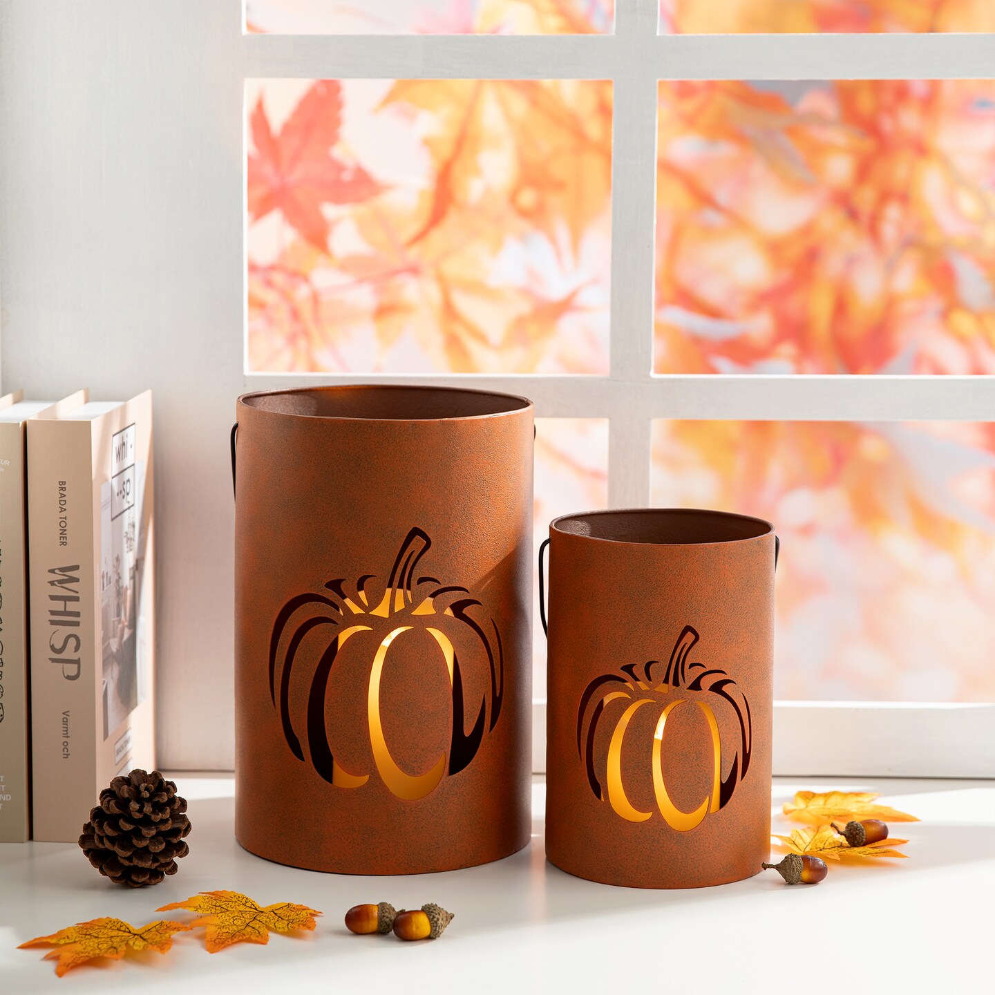 Set of 2 Metal Cutout Pumpkin Bucket