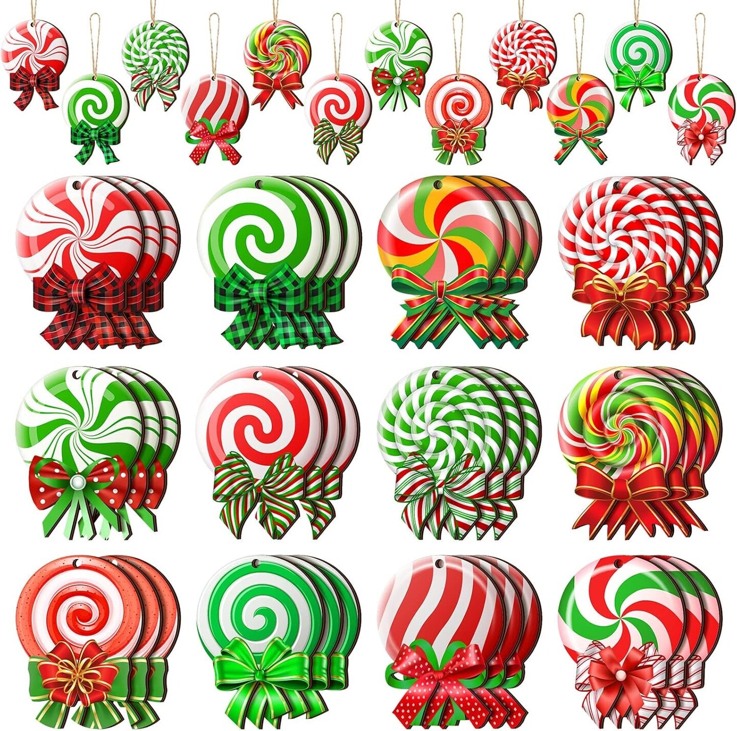 36 Pcs Peppermint Christmas Tree Ornaments Colorful Peppermint Wood Ornaments Lollipop Candy Christmas Ornaments Hanging Peppermint Tree Decorations with Ropes for Candy Party Xmas Tree (Classic)