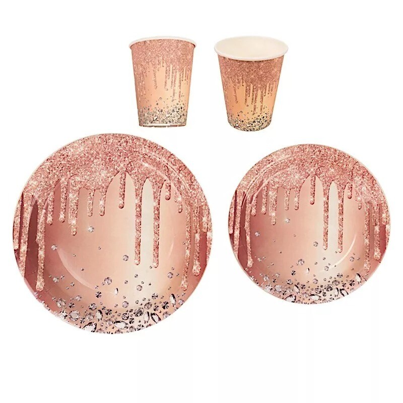 72 Rose Gold Disposable Paper Tableware Set Diamond Glitter Pattern Party Events