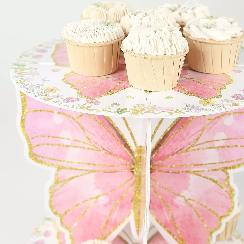 2 White Pink Glitter Butterfly Cake Stands Wedding Party Events Home Decorations