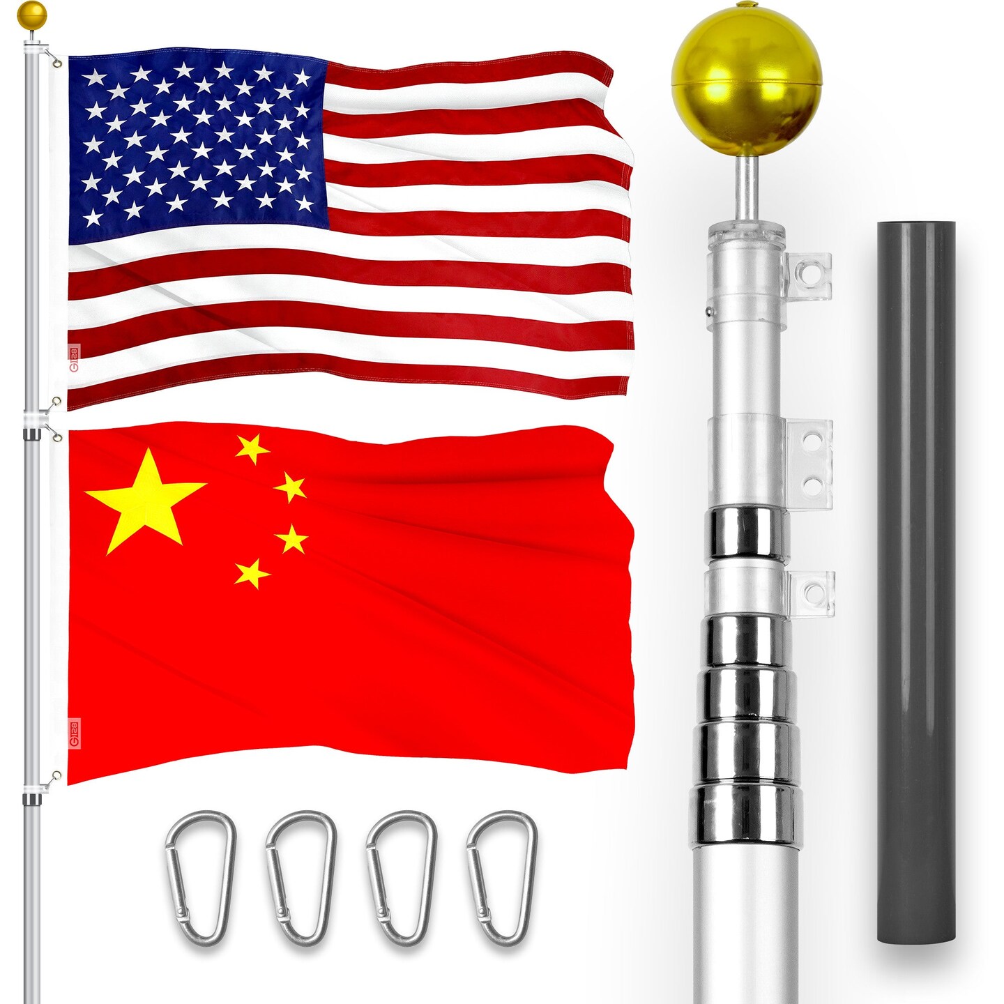 G128 Combo Pack: 25 Ft Telescoping Aluminum Flagpole (Silver) &#x26; American and China Flags 3x5 Ft, Both ToughWeave Series Embroidered Polyester | Pole with Flags Included