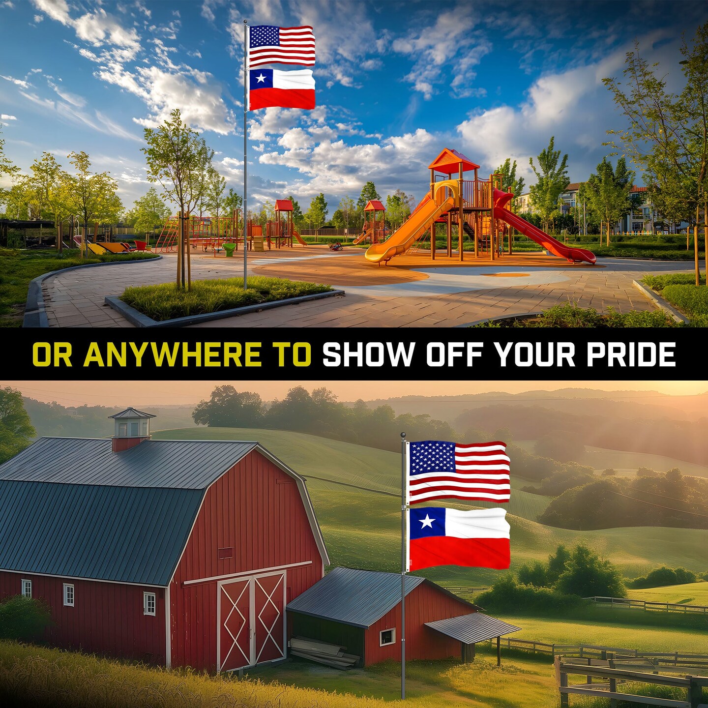 G128 Combo Pack: 25 Ft Telescoping Aluminum Flagpole (Black) &#x26; American and Chile Flags 3x5 Ft, Both ToughWeave Series Embroidered Polyester | Pole with Flags Included