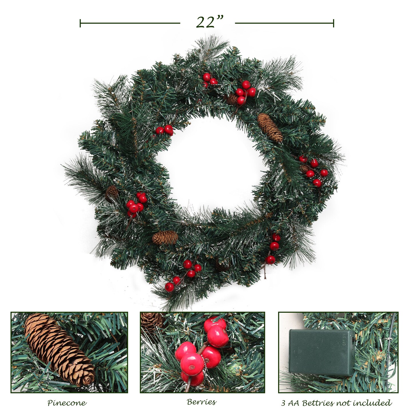 24&#x22; Decorated Real Touch Christmas Wreath | Pinecones &#x26; Berries Included | Use Included Lights | Indoor/Outdoor Use | Holiday &#x26; Christmas D&#xE9;cor | Perfect for Front Door, Wreaths, &#x26; Garlands