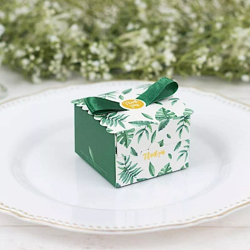 25 Green Monstera Leaf Print Favor Gift Boxes Satin Ribbon Bow Party Decorations