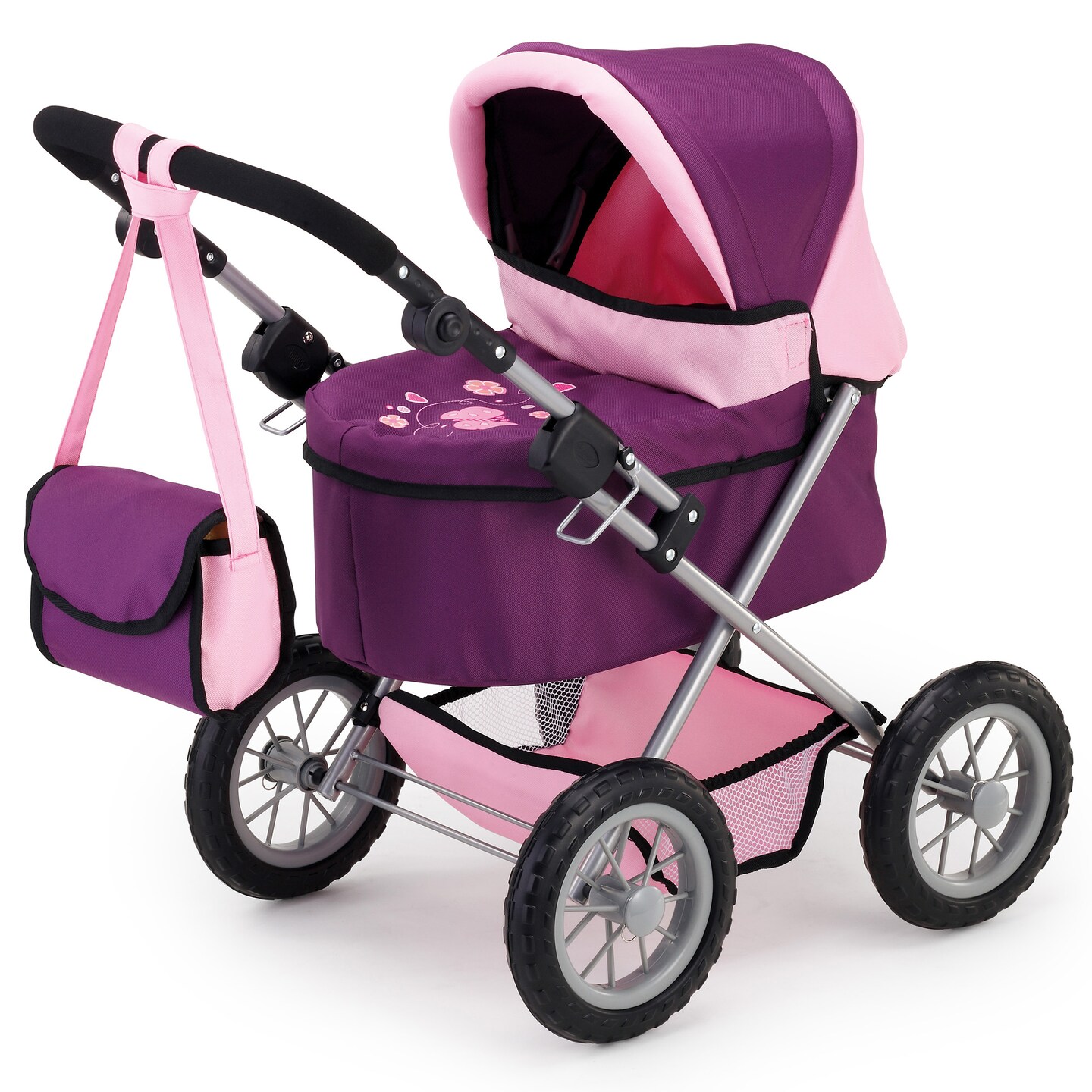 Bayer Design Dolls: Trendy Pram - Purple &#x26; Pink - Includes Shoulder Bag, Fits Dolls Up To 18&#x22;, Adjustable Handle, Kids Pretend Play, Shopping Basket, Easy To Fold, Accessory For Plush Toys Stuffed Animals &#x26; Dolls, Suitable For Children Ages 3+