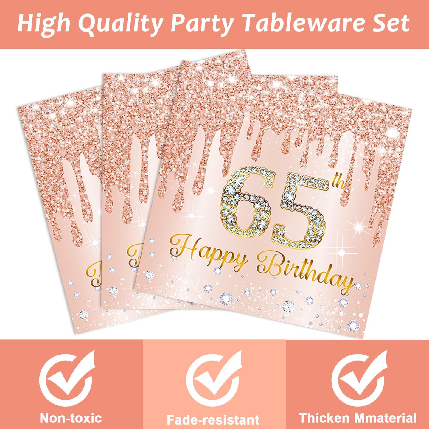 96Pcs 65th Birthday Party Plates and Napkins for 65 Year Old Birthday Party Supplies Rose Gold Paper Dessert Plates 65th Birthday Tableware Set for Men Women 24 Guests Party Decorations
