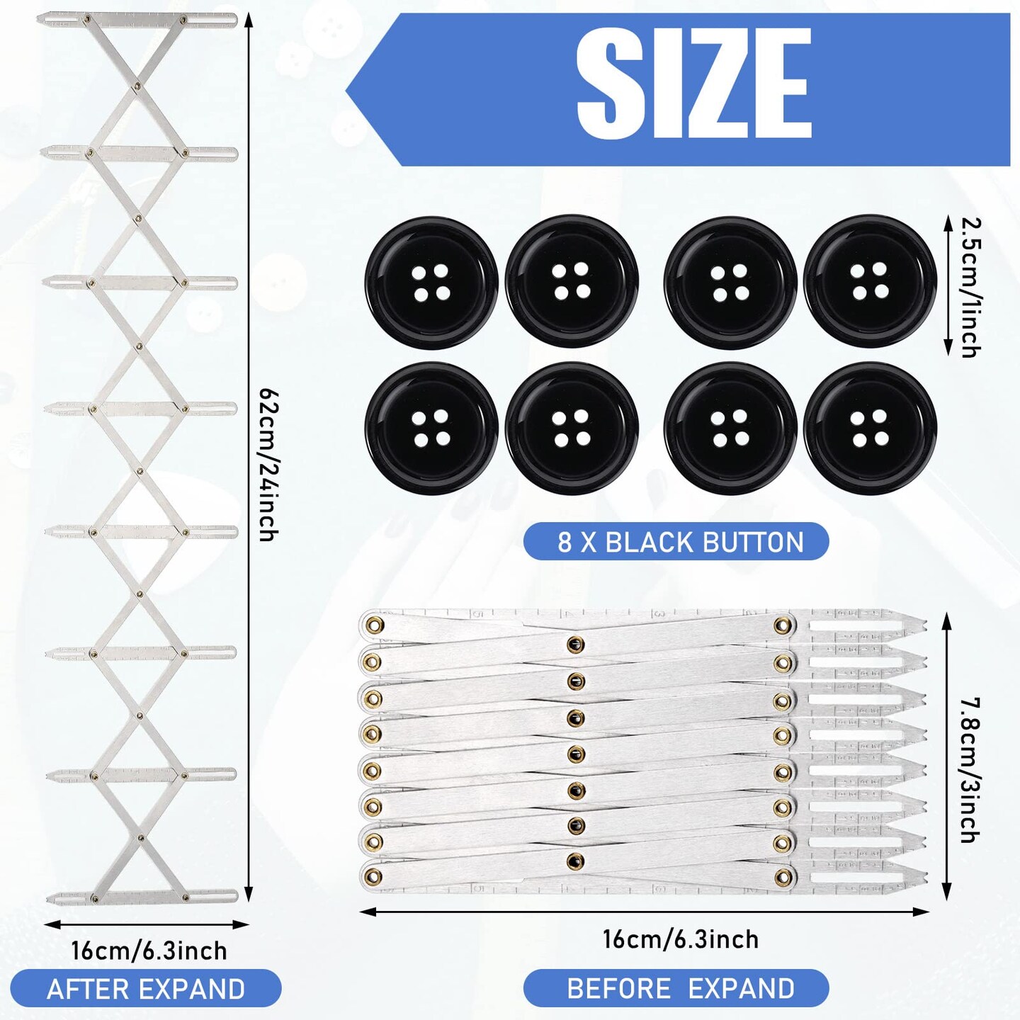 9 Pieces Expanding Sewing Gauge Aluminum Sewing Gauge Quilting Button Sewing Tool 24 Inch Equal Space Divider Expandable Sewing Tools with Black Buttons for Crafting Pleating Button Space