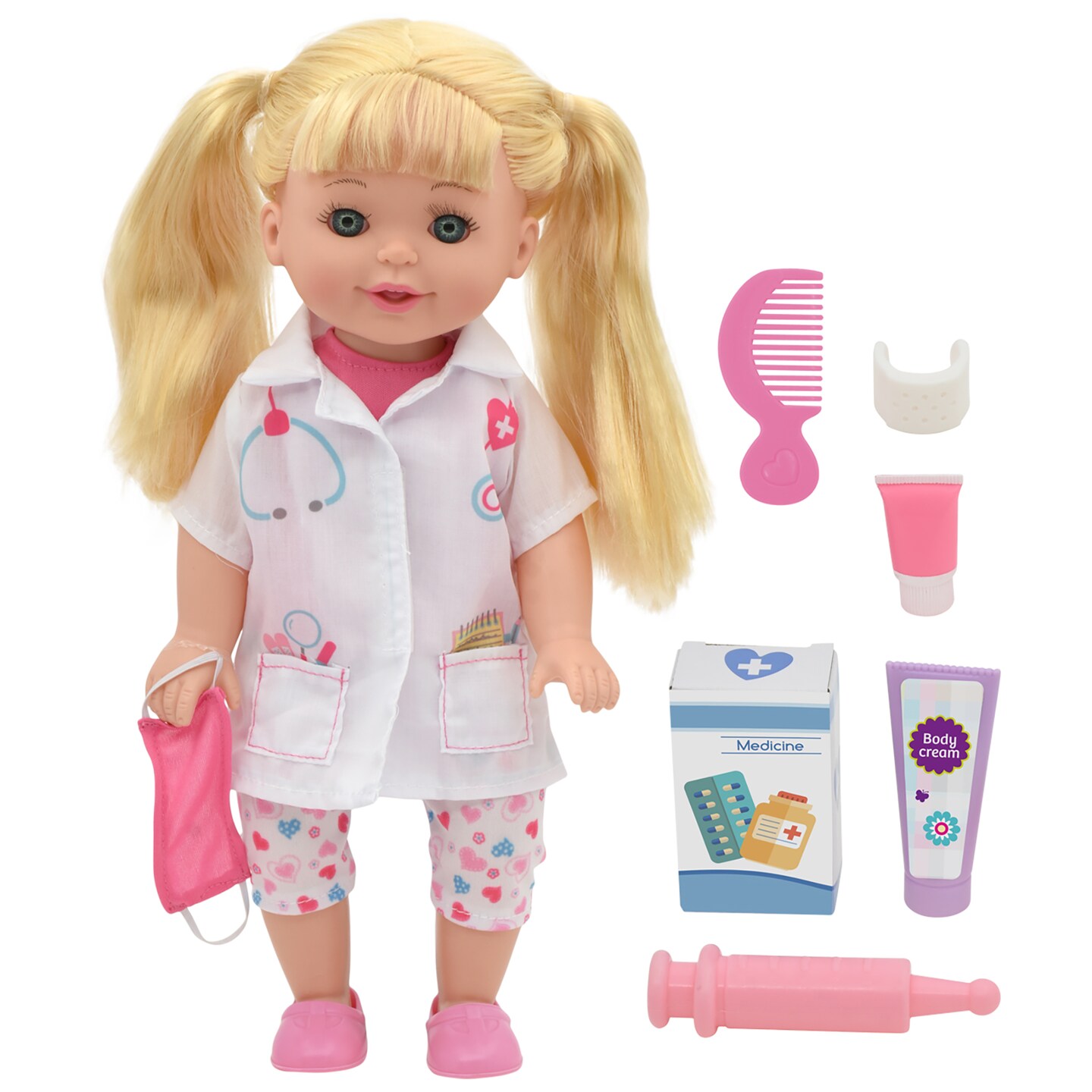 Lil Tots: Talking Doctor Playset - 14&#x22; Blonde Doll - Pink &#x26; White - Says 5 Phrases, 6pc Medical Care Accessories, Hard Body, Interactive Toy, Kids 3+