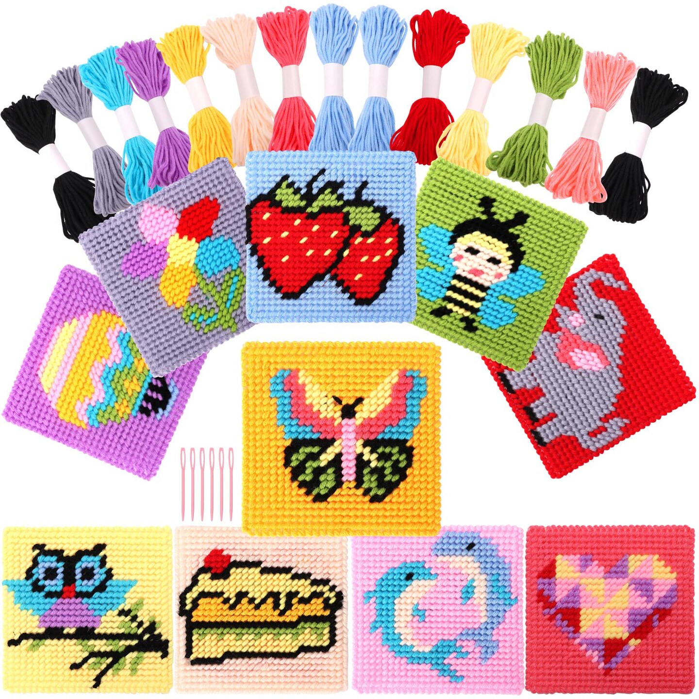 Pllieay Kids 10-in-1 Cross Stitch Beginner Kit for Kids, includes Instruction of 10 Different Patterns, 10 Blank Plastic Canvas for Needlework, and 14 Colored Threads, Needlepoint Starter Sewing Set