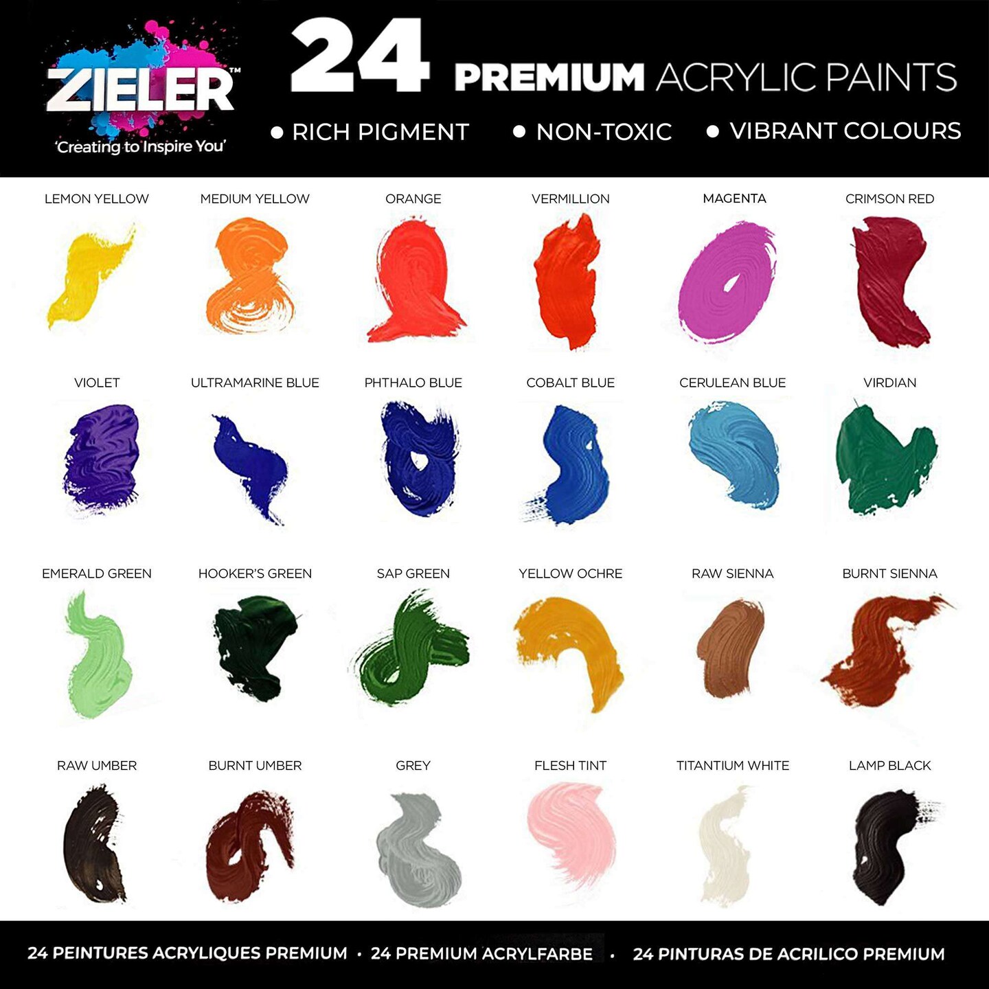 Zieler&#xAE; Premium Acrylic Paints Set, 24 High Pigment &#x26; Vibrant colors (22ml tubes)