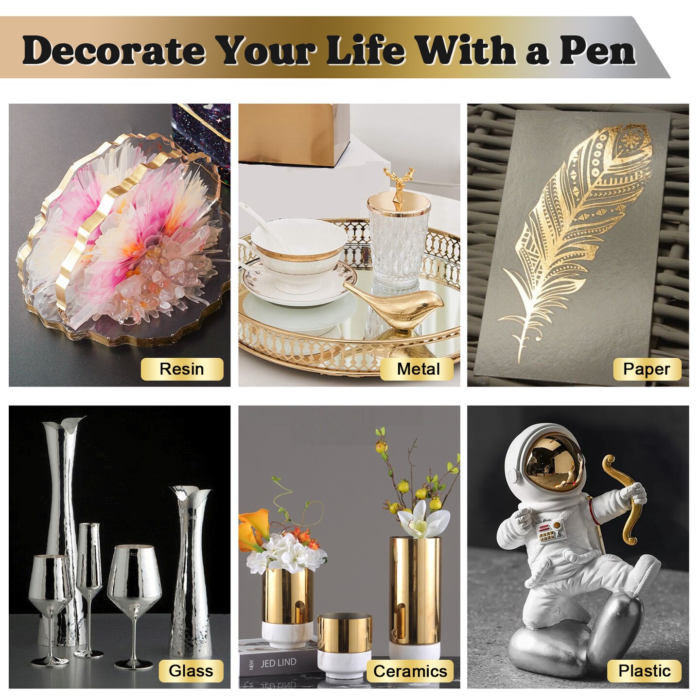 LET&#x27;S RESIN 6Pcs Mirror Chrome Markers,3 Sizes Shiny Chrome Paint Pen with Large Barrel, Quick Dry Oil-based Silver &#x26; Gold Markers for Metal, Resin, Model Painting, Marking or DIY Art&#xFF08;1-5mm&#xFF09;
