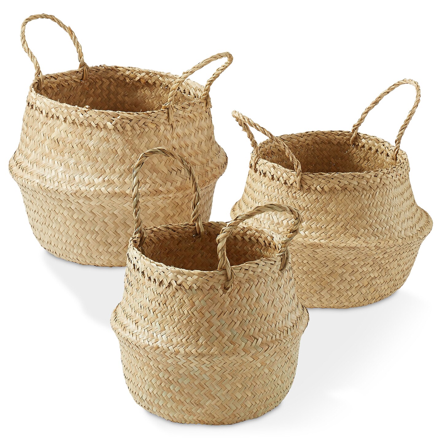 Casafield Seagrass Belly Baskets with Handles, Natural Woven Storage Basket Planters, Round Folding Bins for Home Decor, Indoor Plant Pot Covers
