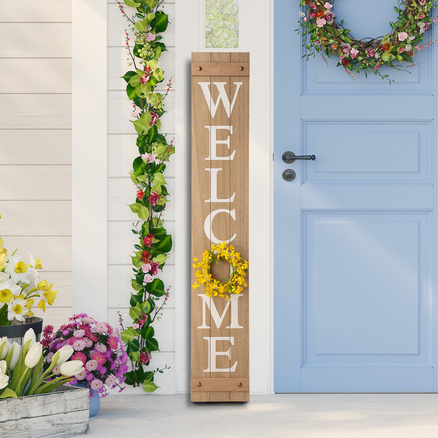 60&#x22;H Wooden Fall Christmas Welcome Porch Sign with 4 Floral Wreaths