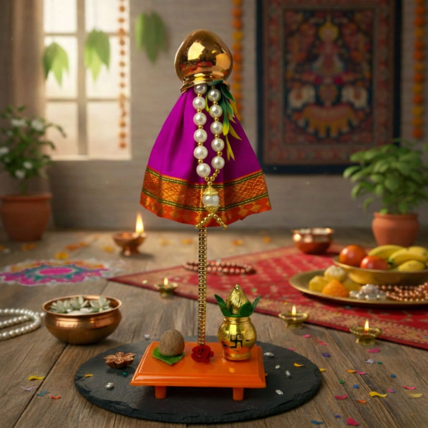 Readymade Mini Gudi Padwa (9inch) Decoration for Home | Traditional Gudi Showpiece with Plastic Gathi Mala - Maharashtrian New Year Gift