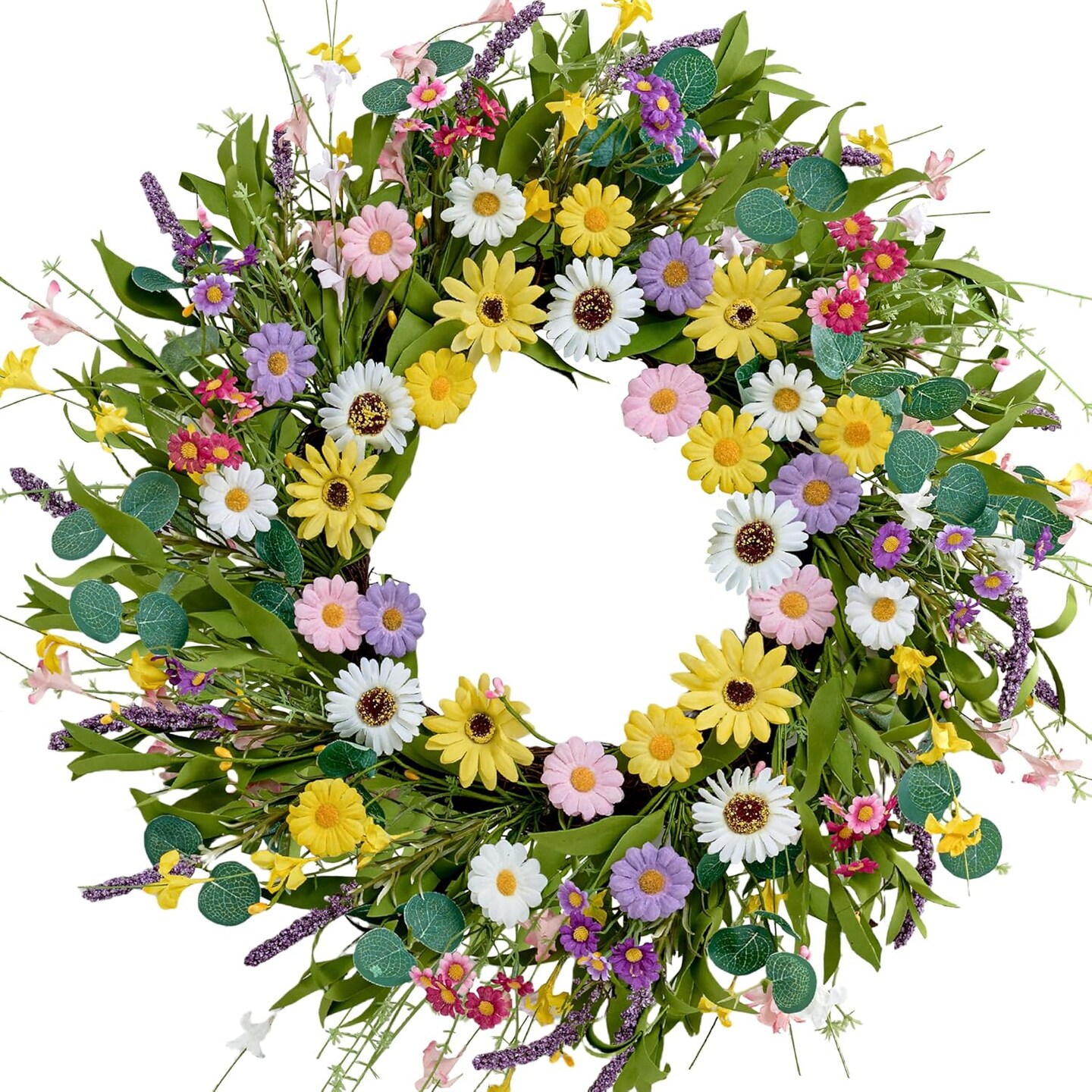 22" Spring & Summer Wreath – Artificial Yellow Daisy, Lavender & Eucalyptus Front Door Wreath for Farmhouse, Porch, Wall, Home, Easter & Seasonal Décor