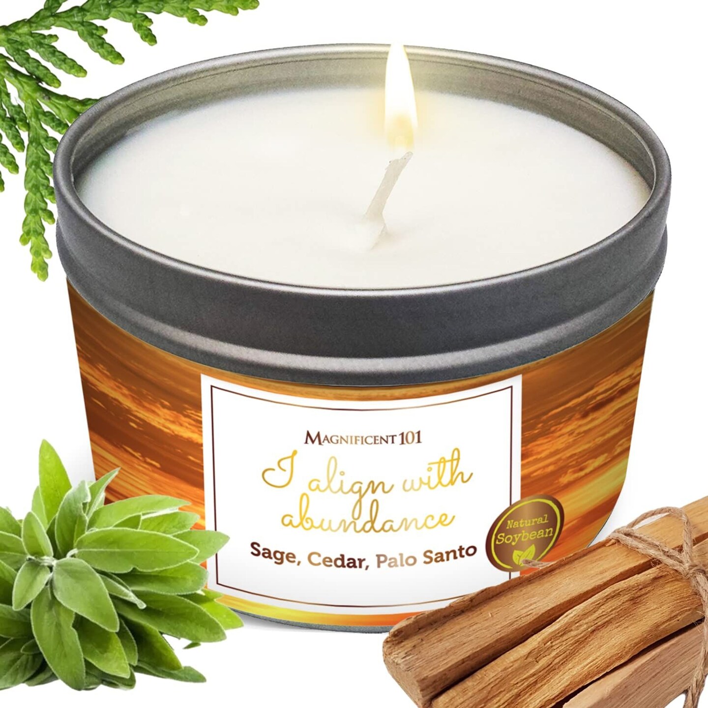 MAGNIFICENT 101 Palo Santo & Sage Cedar Candle for Abundance - 6 Oz Tin, White, I Align with Abundance - 35 Hr Burn & Soy Wax Aromatherapy - Energy Cleansing Meditation Smudge Candle