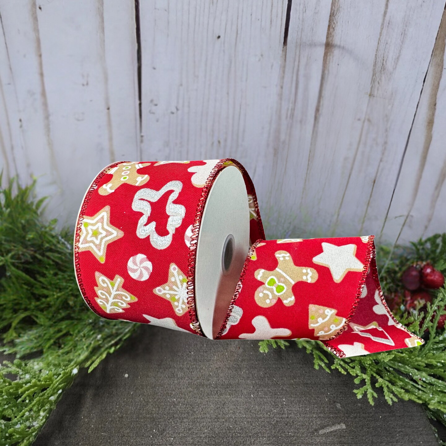 2.5&#x22; Gingerbread Cookie Cutout Ribbon: Red (10 Yards)