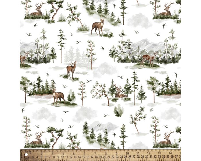 Deer Pine Trees Cotton Fabric | By the Yard | Sewing and Crafting | 44 inches wide