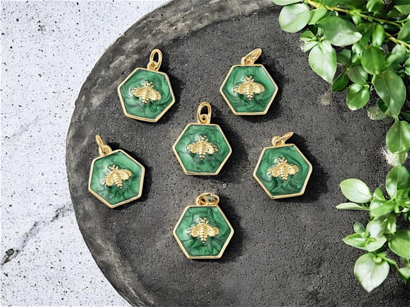 *2* 15x14mm 18k Gold Plated Green Enamel Bee Charms