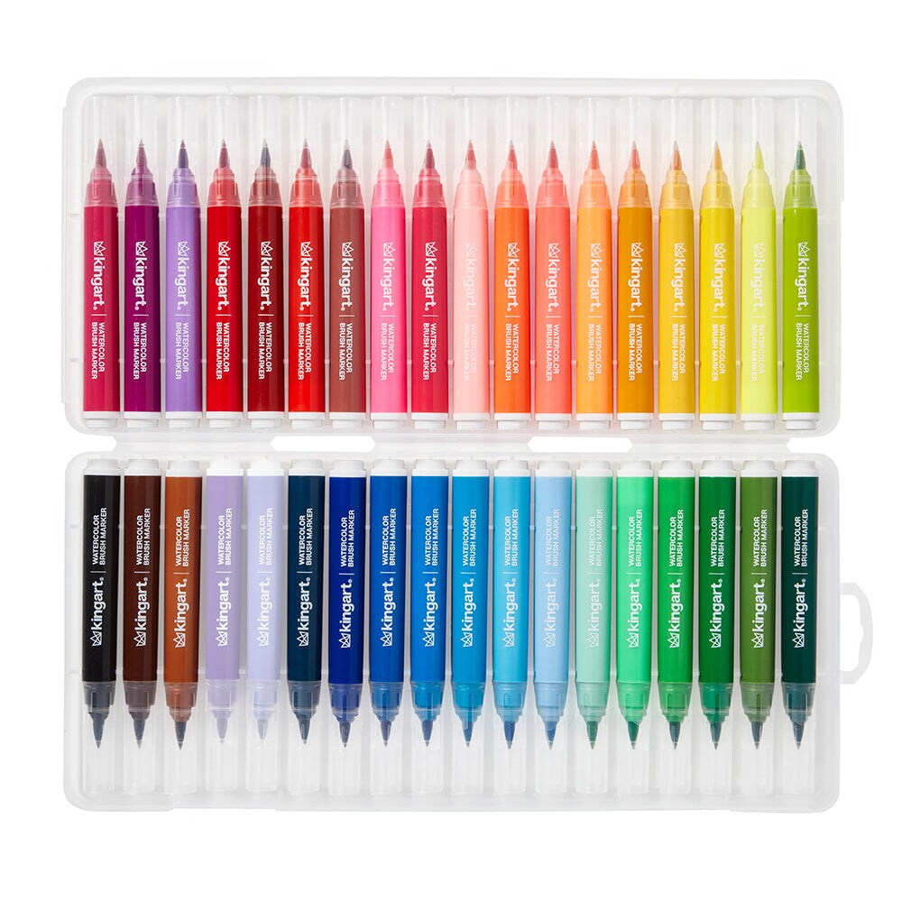KINGART® Soft Tip Watercolor Brush Marker Set With Case, Set of 36 Unique Colors
