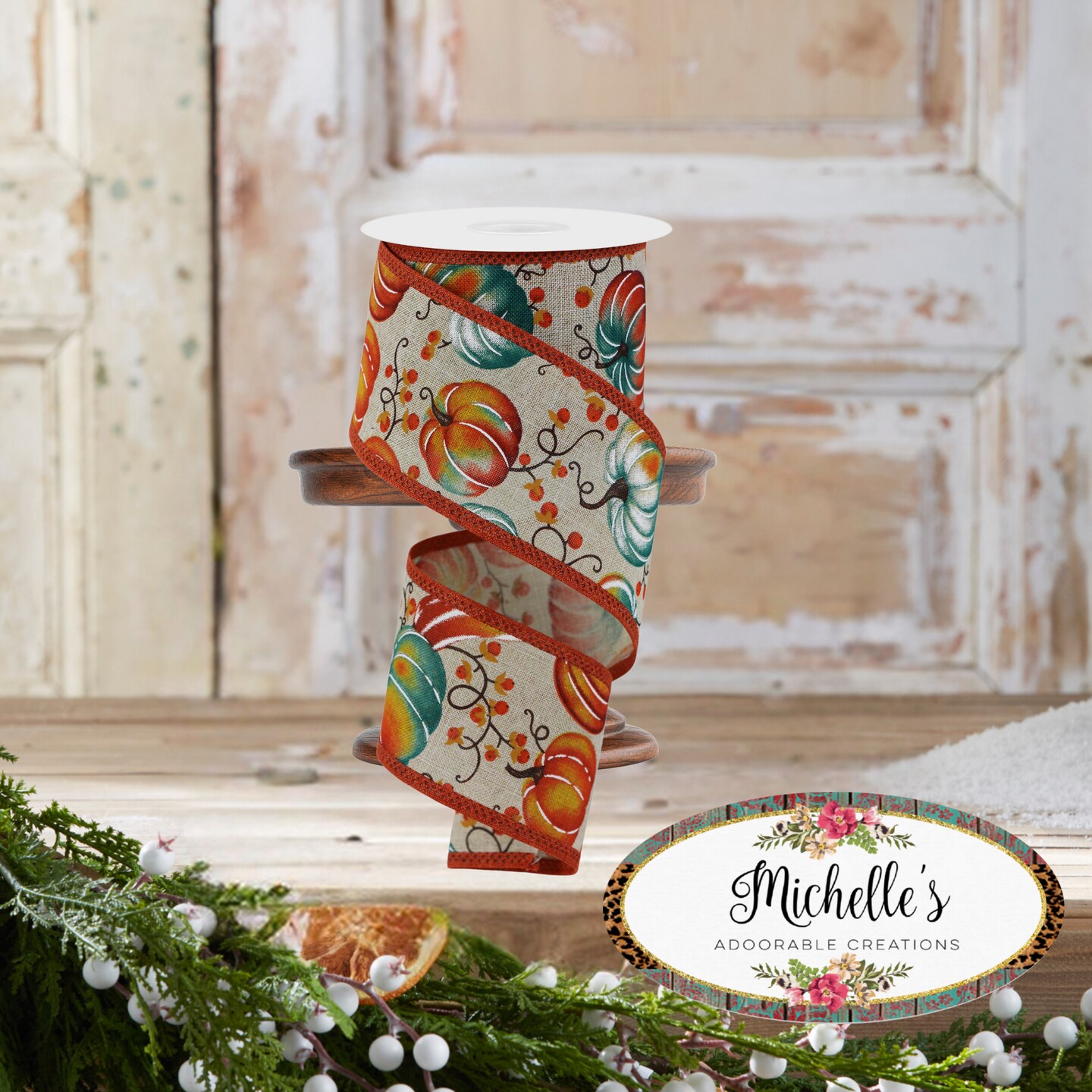 2.5&#x22; Pumpkins Bittersweet Ribbon: Light Natural (10 Yards)