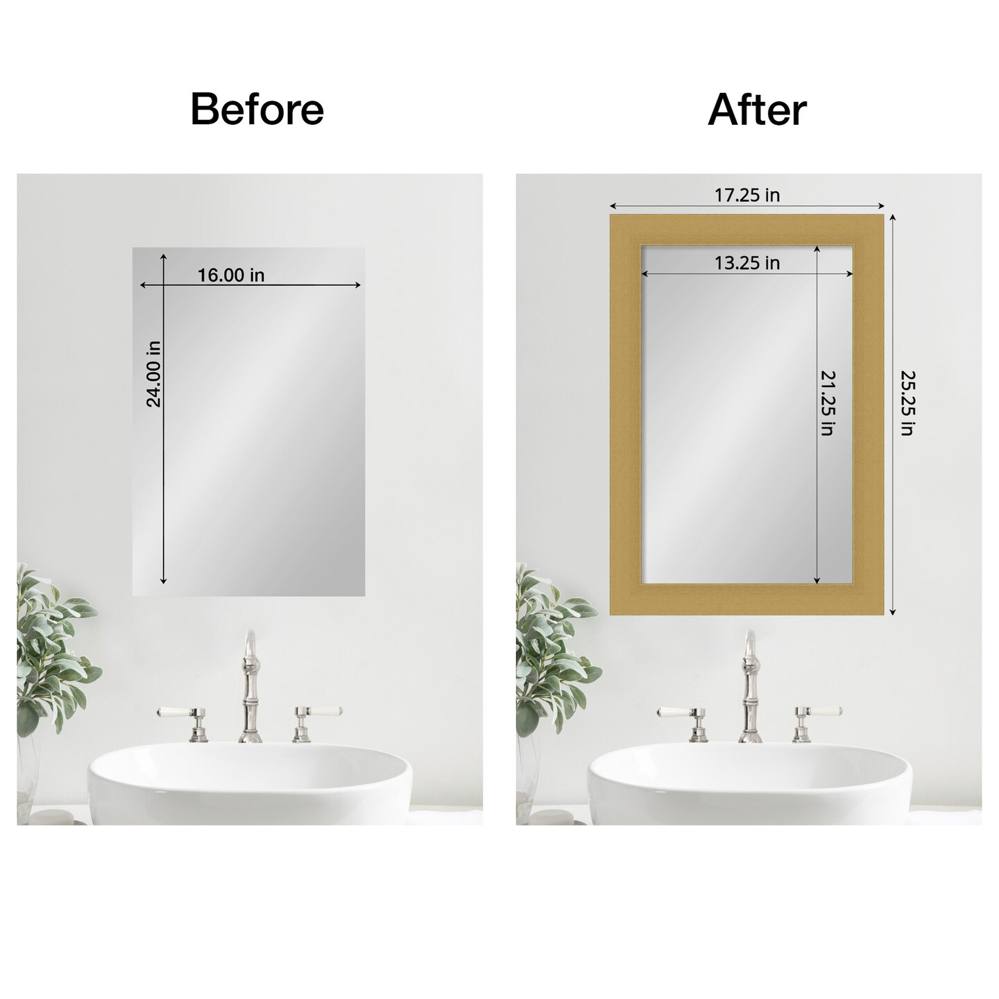 Amanti Art Mirror Makeover Bathroom Mirror Frame Border Kit - Fully Assembled Peel and Stick Frame - Mirror NOT Included - Grace Brushed Gold Trim