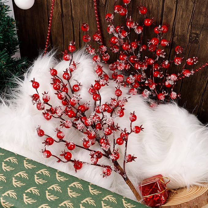 Artificial Christmas Berries Stems with Ice Snow Long Pomegranate Berry for Crafts Garland Home Party Christmas Decoration