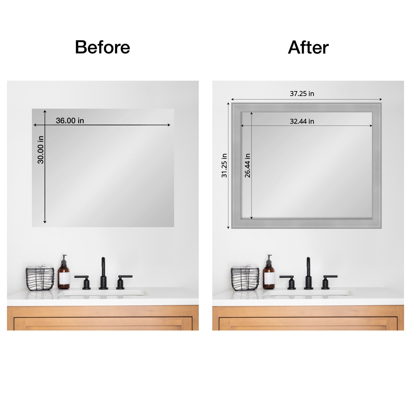 Amanti Art Mirror Makeover Bathroom Mirror Frame Border Kit - Fully Assembled Peel and Stick Frame - Mirror NOT Included - Vista Brushed Nickel Trim