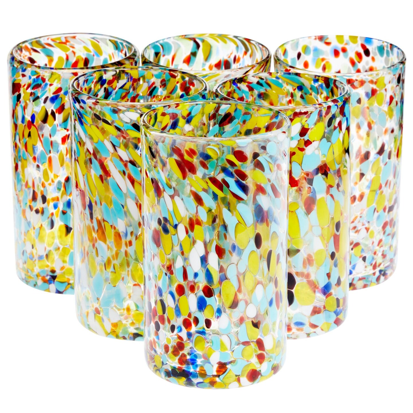 6-Pack Hand Blown Mexican Glassware, Confetti Rock Glasses for Whiskey, Juice, Beverages, Beer, Cocktails, Heavy Duty and Reusable (Colorful Design, 14 oz Capacity)