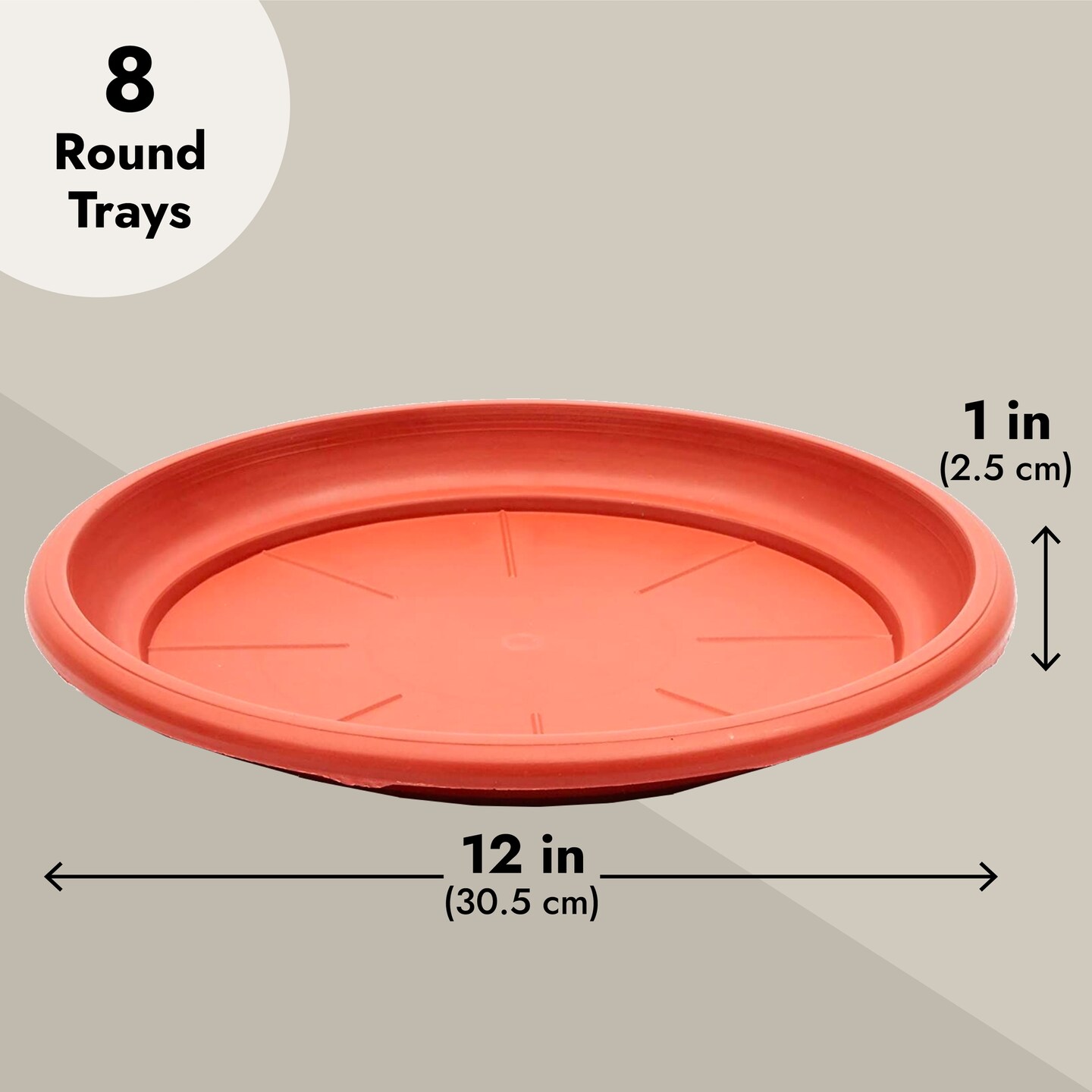 8-Pack Round Plastic Plant Saucer Drip Trays, Terracotta Flower Pot Saucers, Dish for Indoors, Outdoors, Garden, Potted Plants, Home, Patio, Tabletop Planter Base, Terra Cotta Plate Set (12-inch)