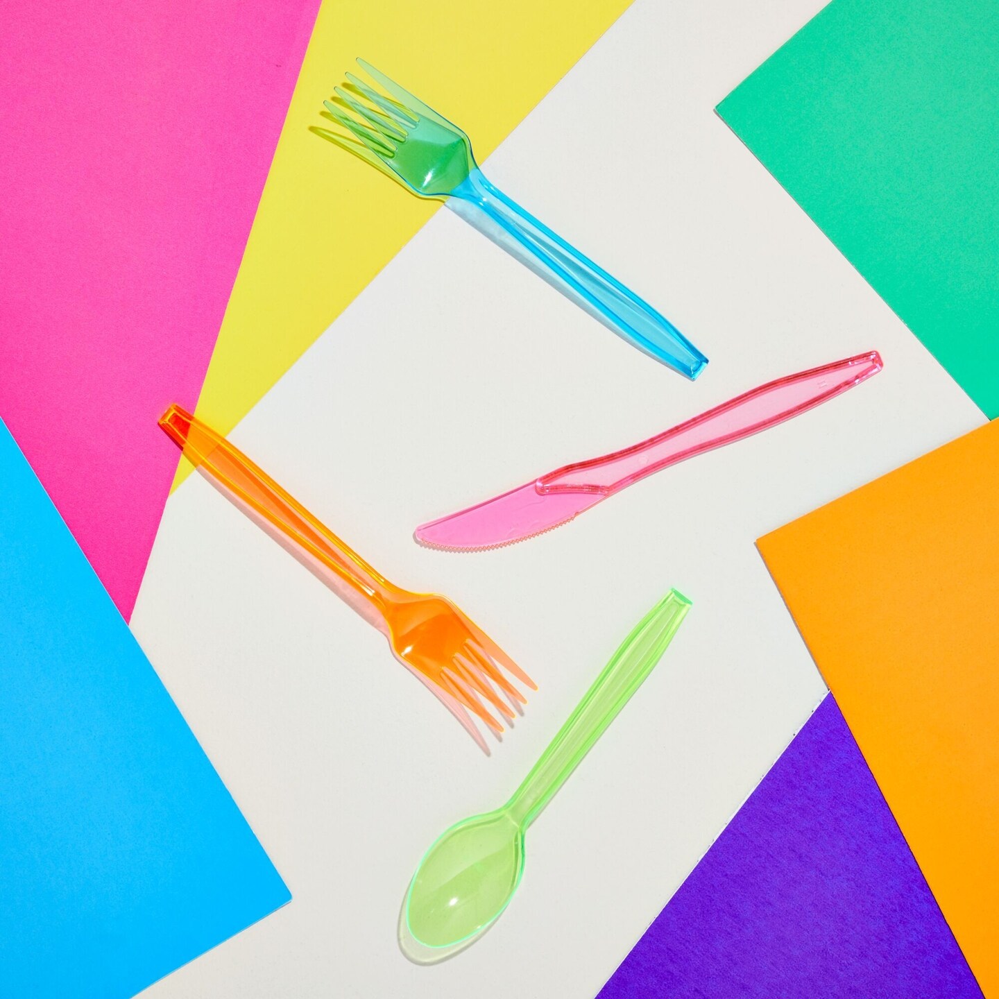 Rainbow Plastic Silverware Set, Neon Forks, Knives, and Spoons (144 Pieces)