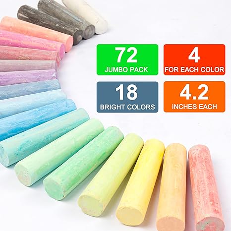 Sidewalk Chalk, 72 Pack Jumbo Sidewalk Chalk Bulk For Kids, Non-Toxic Outdoor Chalk Set For School Blackboard Playground, 18 Colors