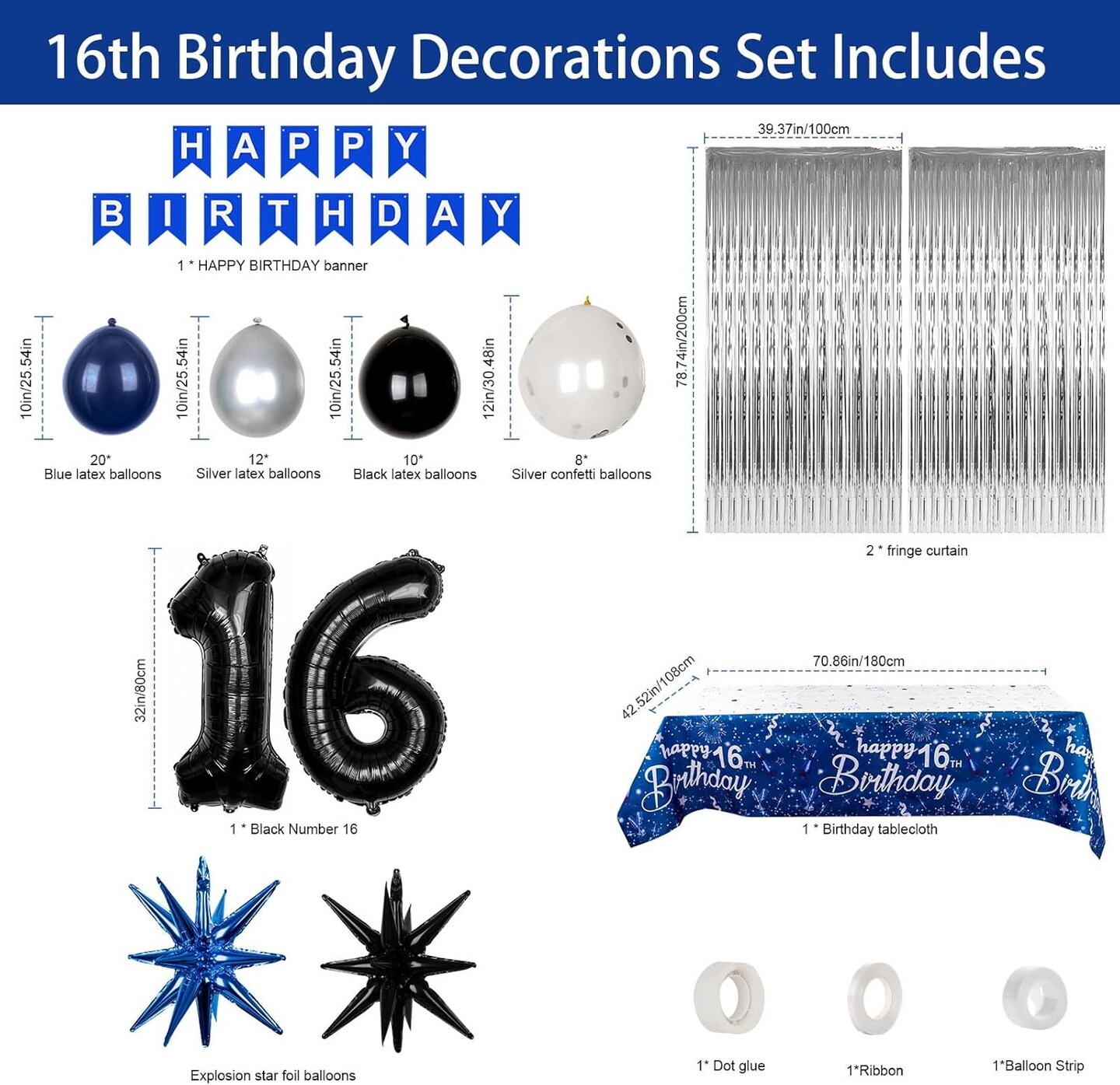 16th Birthday Decorations for Boys and Girls, Blue and Silver 16th Birthday Party Decorations, HAPPY BIRTHDAY Banner Black Number 16 Balloons Garland 16 Years Old Bday Party Supplies with Tablecloth