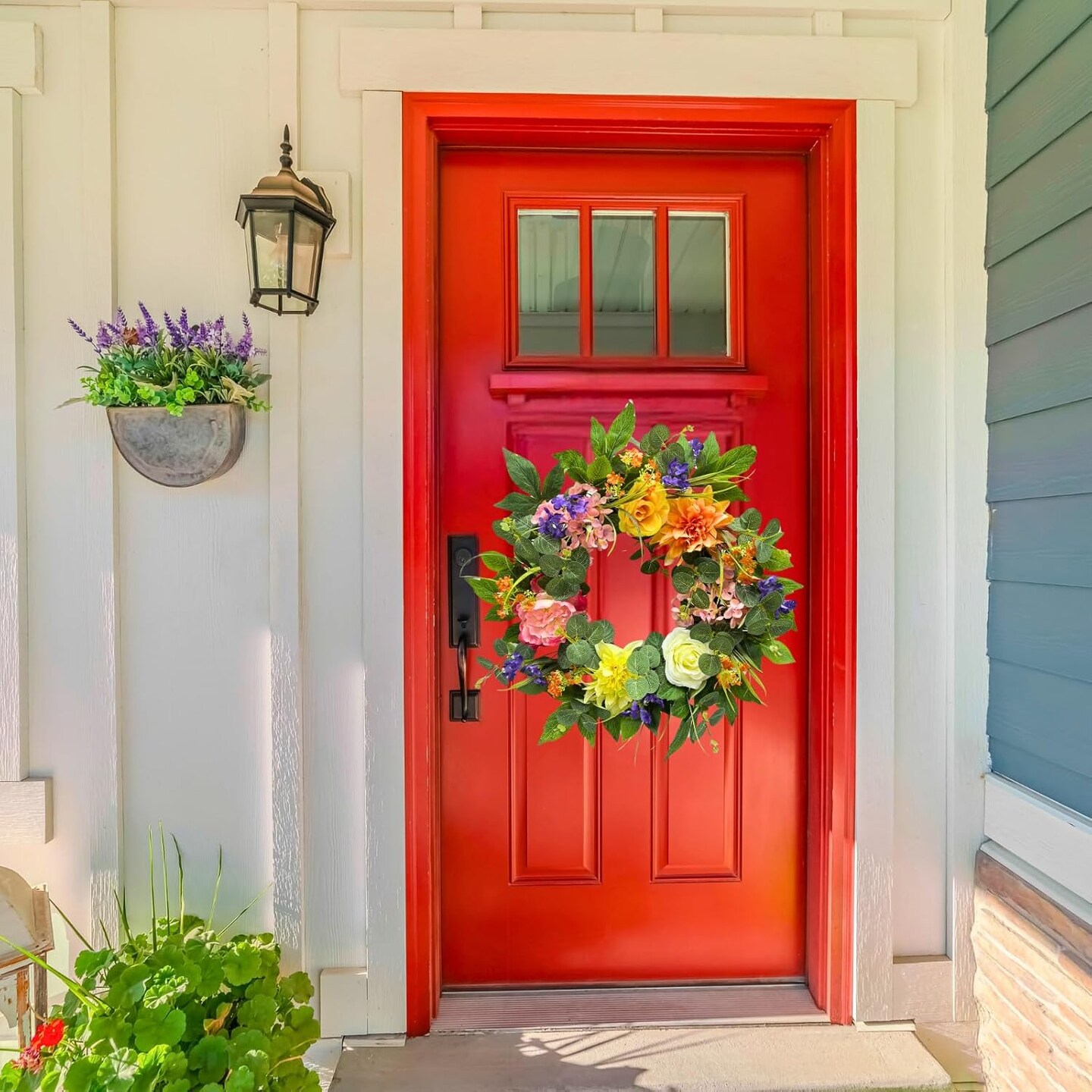 22 Inch Lighted Summer Floral Wreath for Front Door,Dahlia Pinnata, Roses, Eucalyptus Leaves, Peony, Mixed Flowers,Artificial Wreath for Front Door Summer Outdoor Home Decor