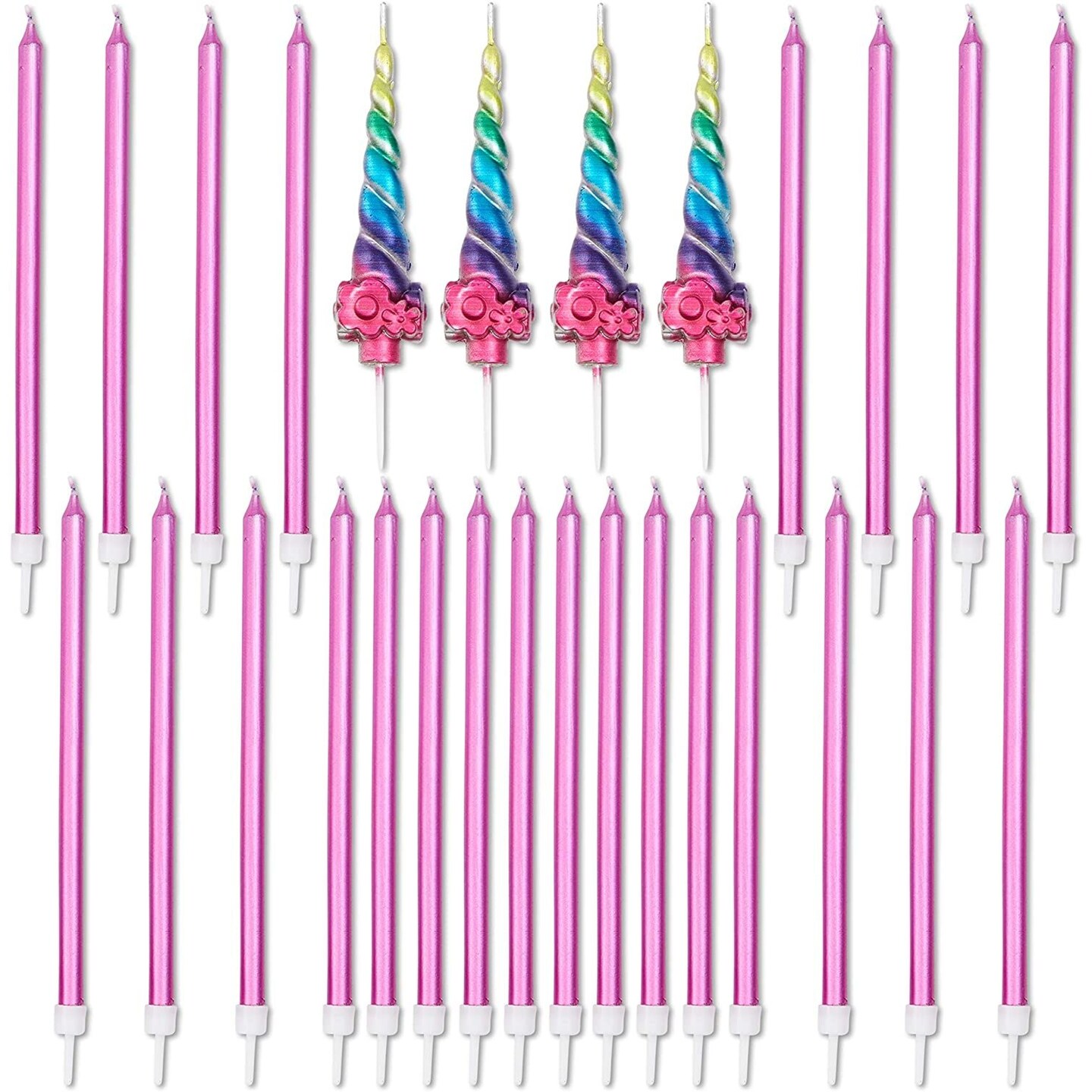 Rainbow Unicorn Birthday Cake Candles with Holders (28 Pack)