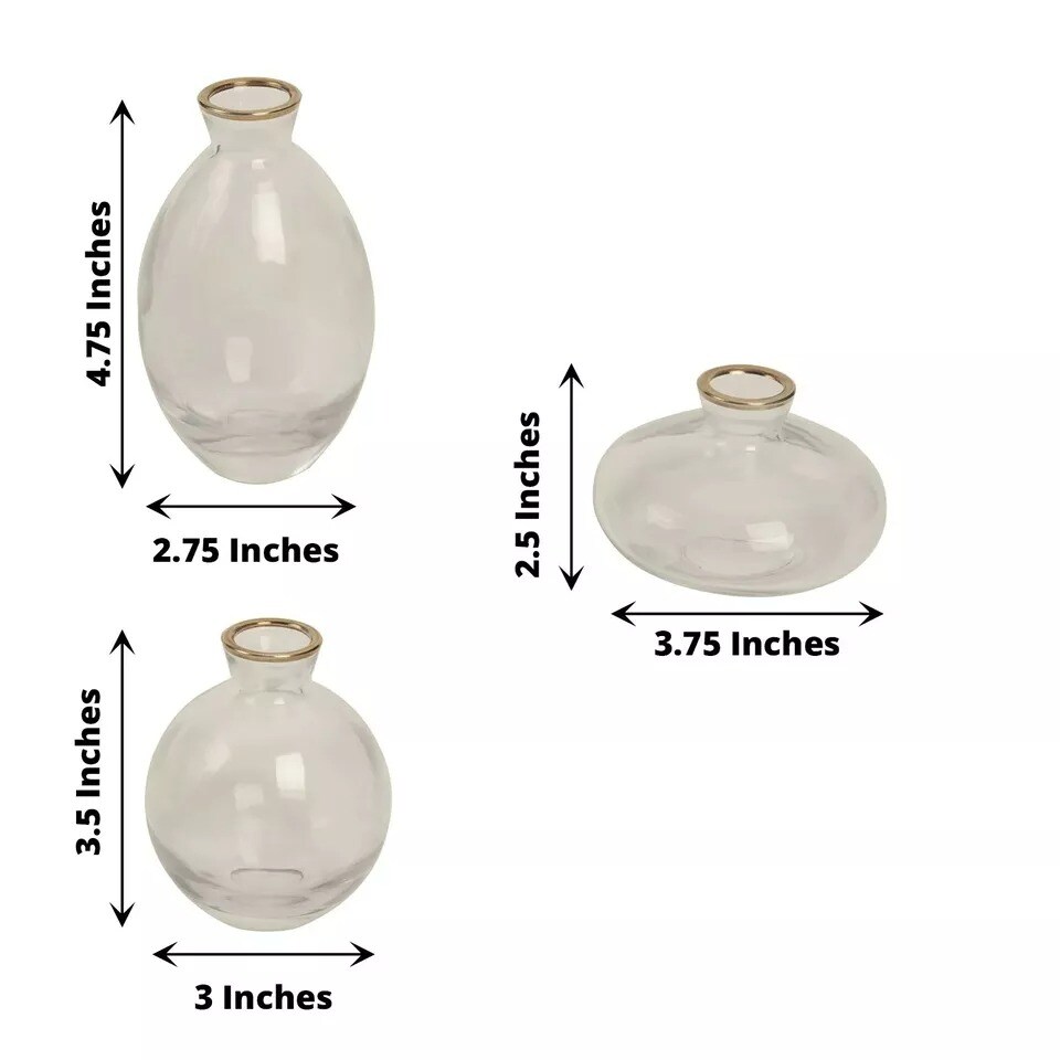 3 Clear Small Glass Flower VASES Metallic Gold Trim Table Centerpieces Party